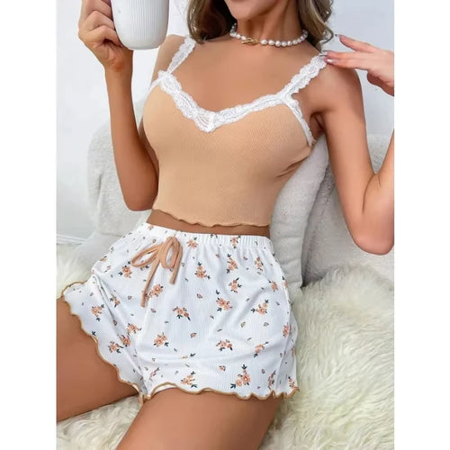 2Pcs Women Pajama Set Pink Lace Patchwork V-Neck Sleepwear Sexy