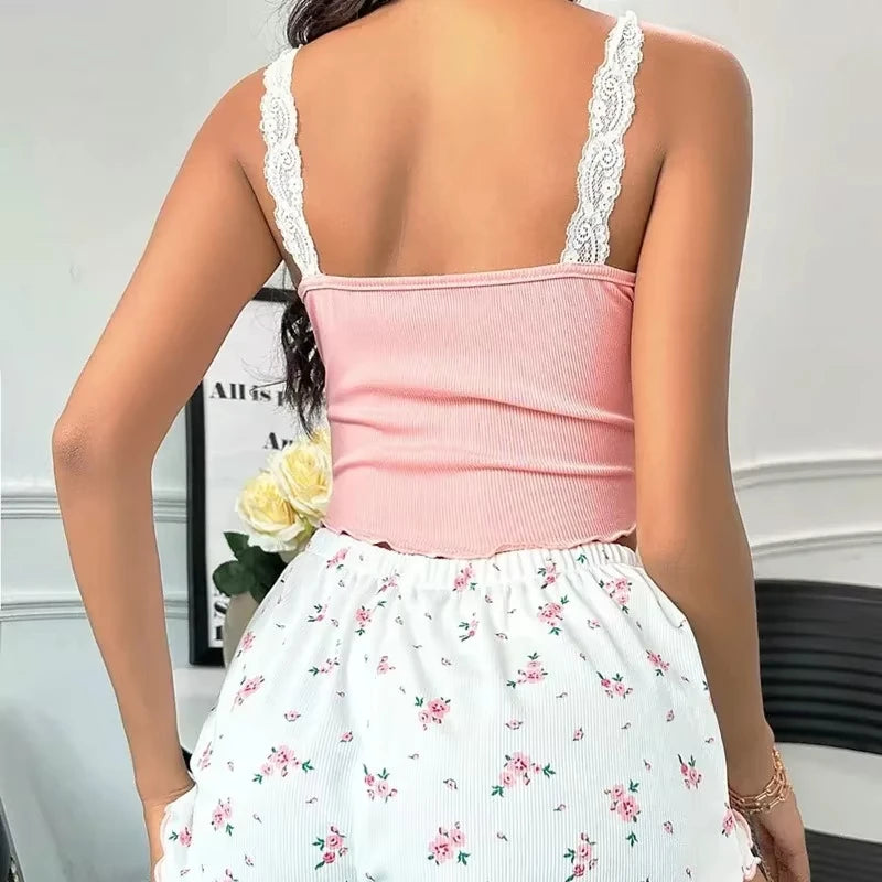 2Pcs Women Pajama Set Pink Lace Patchwork V-Neck Sleepwear Sexy